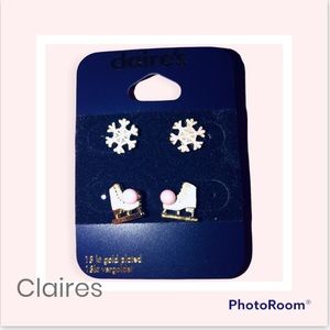 Brand new Claire’s 18k Gold Plated Earrings-Skates and Snow Flakes